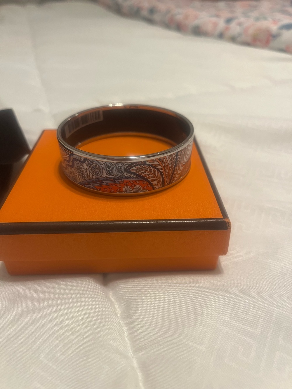 Hermes Silver-Tone Bangle with Orange Paisley Enamel
